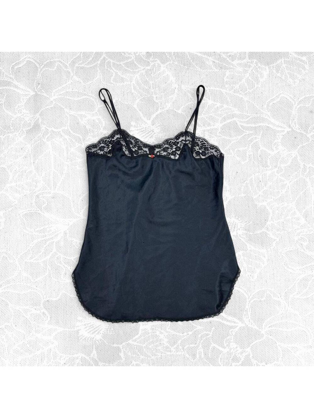 Victoria's Secret 80's Vintage Gold Label Black Lace Trim Slip Dress - Large